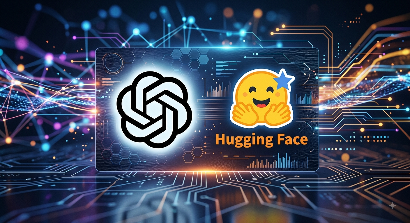 OpenAI logo next to Hugging Face logo in front of a circuit board background