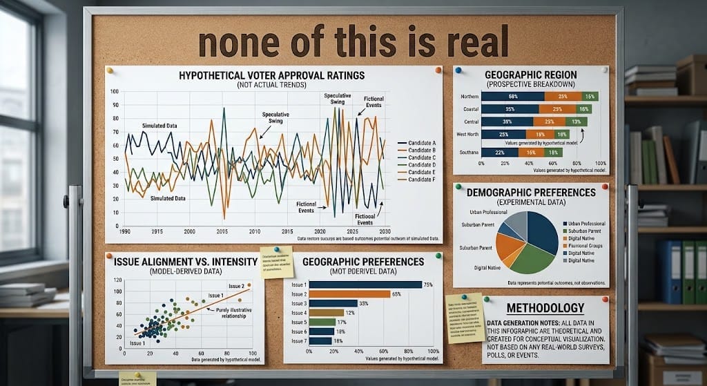 cork board with various political charts and graphs with the title "none of this is real"