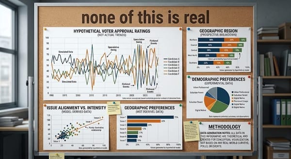 cork board with various political charts and graphs with the title "none of this is real"