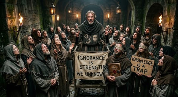 A group of people wearing robes and holding signs about ignorance in a medieval setting